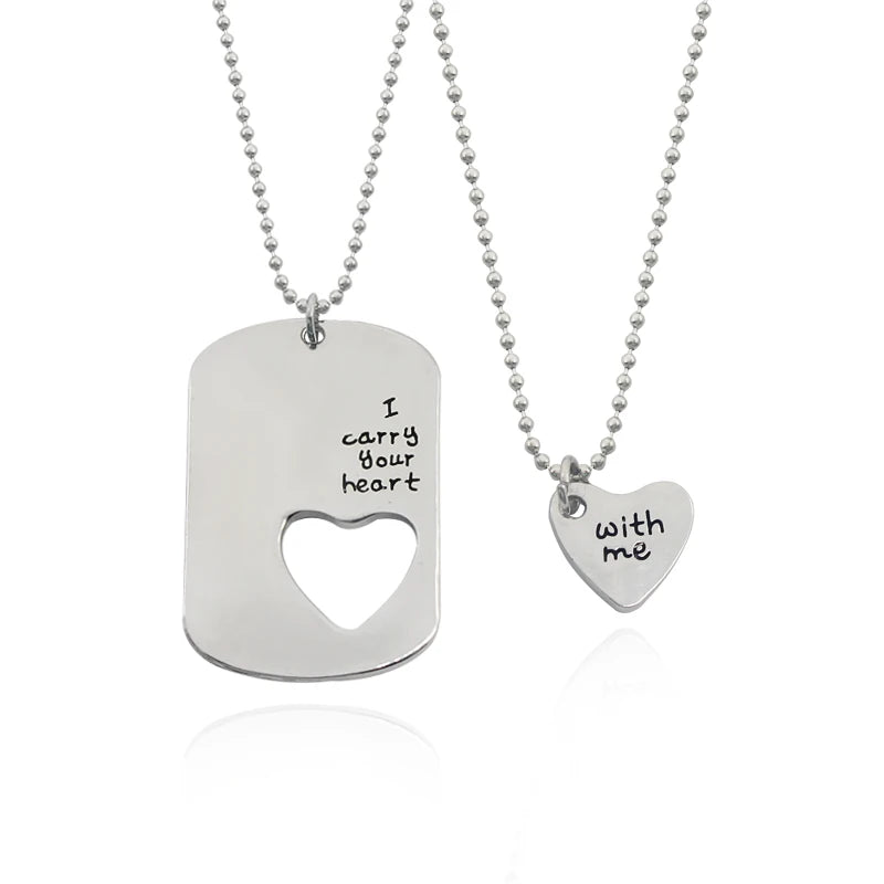 2pcs Classic Couple Necklace for Women Men Love Heart Hollow Pendant Letter Necklace Your Heart Is With Me Bead Chain Necklace