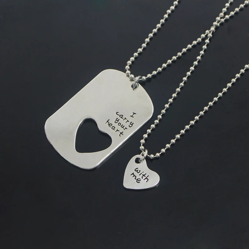 2pcs Classic Couple Necklace for Women Men Love Heart Hollow Pendant Letter Necklace Your Heart Is With Me Bead Chain Necklace