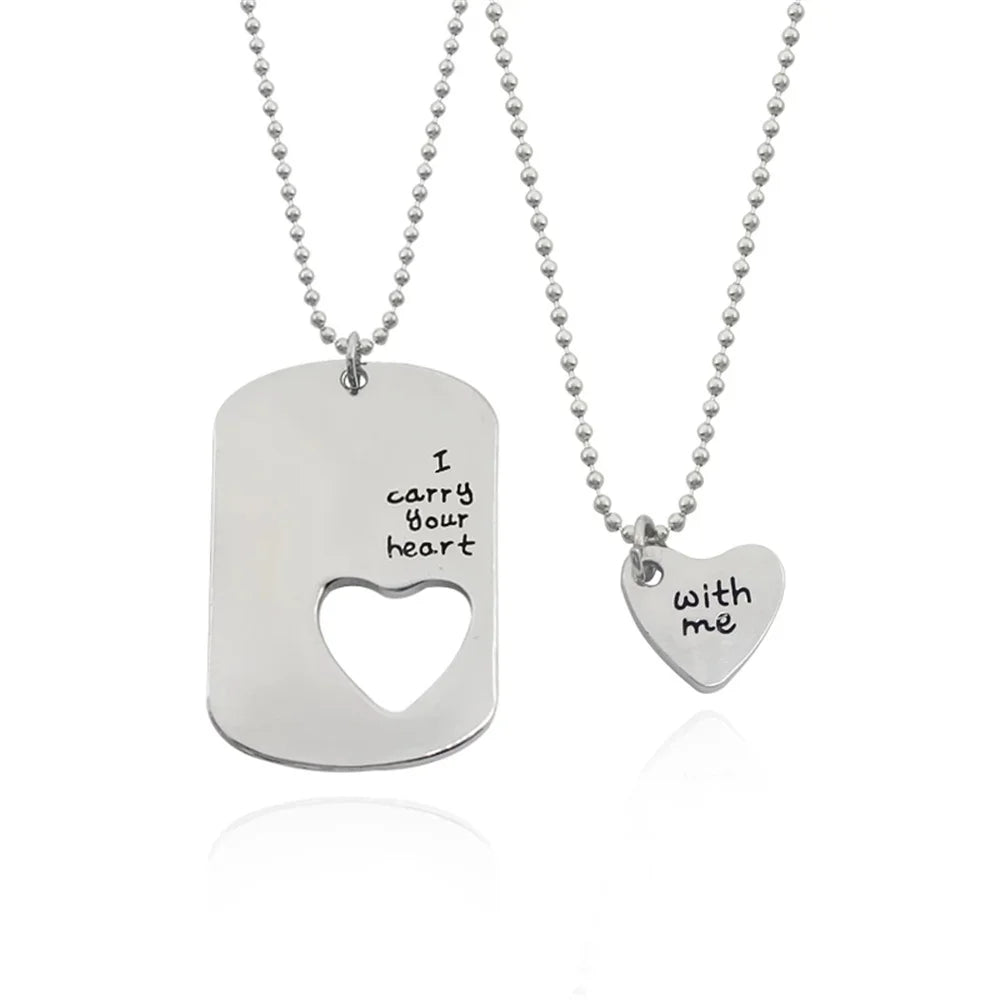 2pcs Classic Couple Necklace for Women Men Love Heart Hollow Pendant Letter Necklace Your Heart Is With Me Bead Chain Necklace