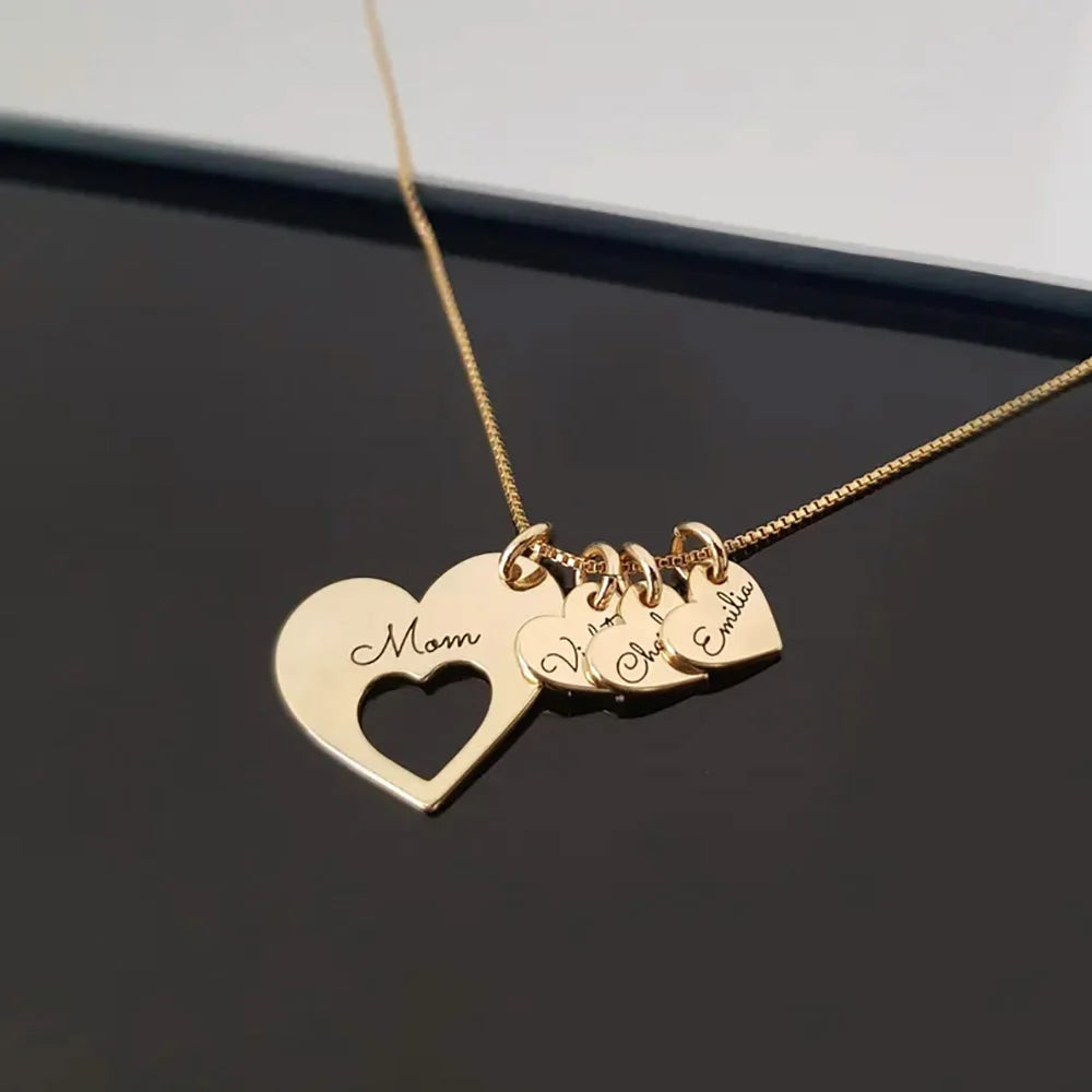 Personalized Name Hearts Necklace For Mom Engraved With Multiple Kids Names Customized Stainless Steel Jewelry Mother's Day Gift
