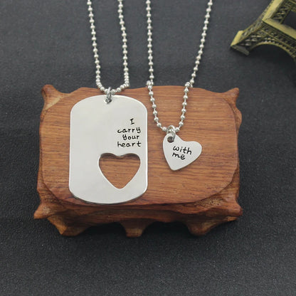 2pcs Classic Couple Necklace for Women Men Love Heart Hollow Pendant Letter Necklace Your Heart Is With Me Bead Chain Necklace